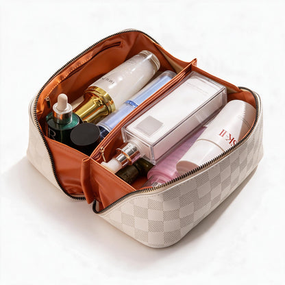 PU Leather Cosmetic Bag, Plaid Design, with Handle