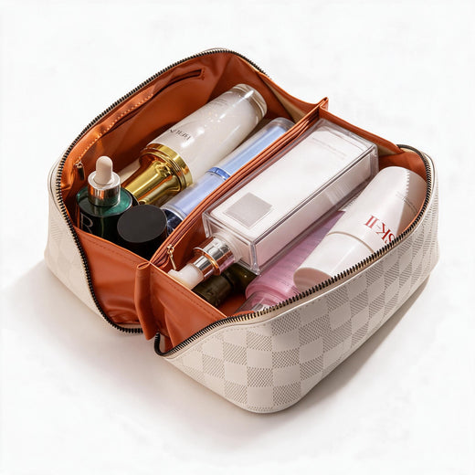 Checkered Makeup Bag, PU Leather Cosmetic Bag with Handle & Multiple Compartments for Travel