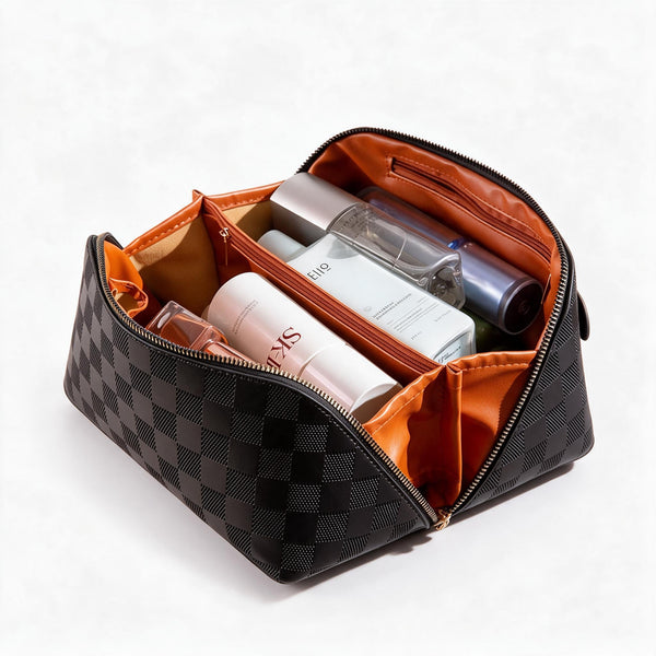 Checkered Makeup Bag, PU Leather Cosmetic Bag with Handle & Multiple Compartments for Travel