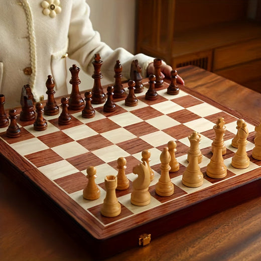 Wooden Chess Set, Foldable Portable Chess Board with Storage for Pieces & Extra Queens