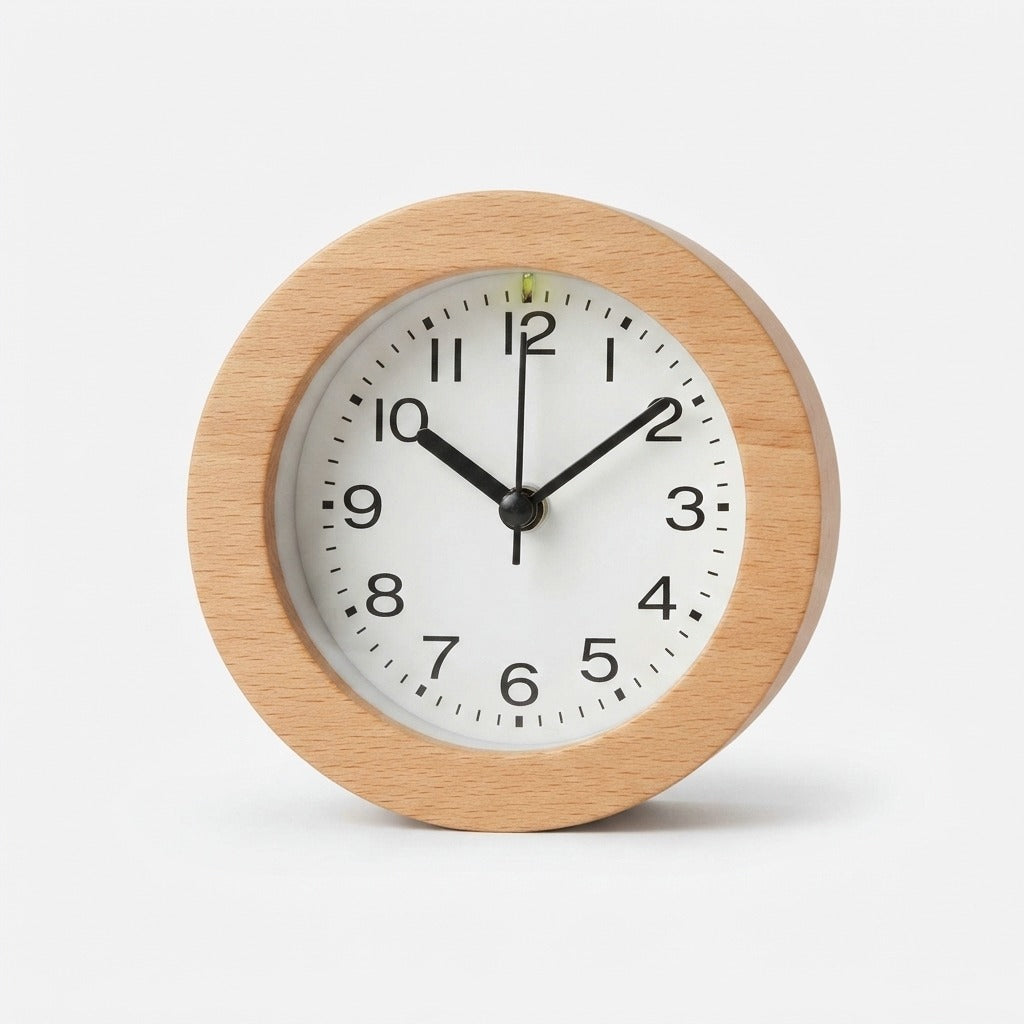 Silent Wooden Alarm Clock with LED Night Light, Beechwood