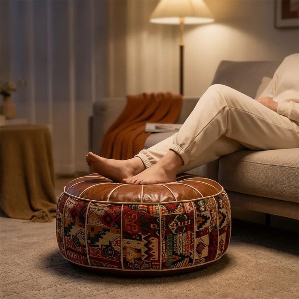 Storage Ottoman, Boho Kilim Patchwork Pouf with Hidden Storage and Faux Leather Cover