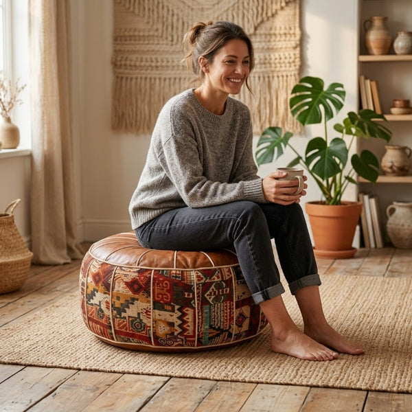 Storage Ottoman, Boho Kilim Patchwork Pouf with Hidden Storage and Faux Leather Cover