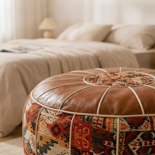 Storage Ottoman, Boho Kilim Patchwork Pouf with Hidden Storage and Faux Leather Cover