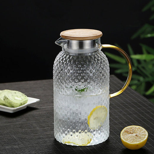 Glass Pitcher with Bamboo Lid, Heat Resistant Textured Borosilicate Pitcher for Warm & Cold Drinks
