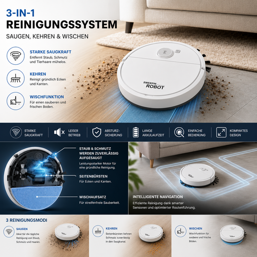 Robot Vacuum and Mop, 3-in-1 Robotic Vacuum Cleaner with 2000Pa Suction and Drop Sensor for Hard Floors