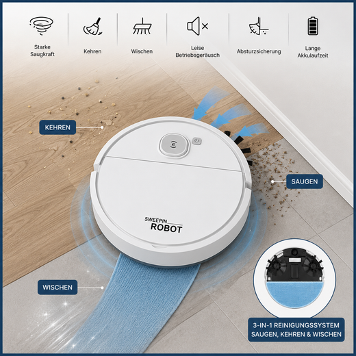 Robot Vacuum and Mop, 3-in-1 Robotic Vacuum Cleaner with 2000Pa Suction and Drop Sensor for Hard Floors