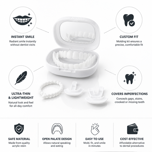 Ultra Thin Open Palate Veneers, Removable Acrylic Cosmetic Veneers with Molding Kit for Upper & Lower Teeth