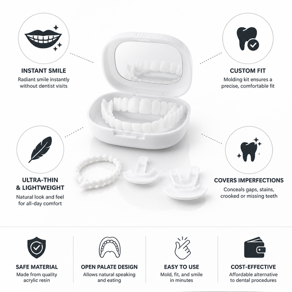 Ultra Thin Open Palate Veneers, Removable Acrylic Cosmetic Veneers with Molding Kit for Upper & Lower Teeth