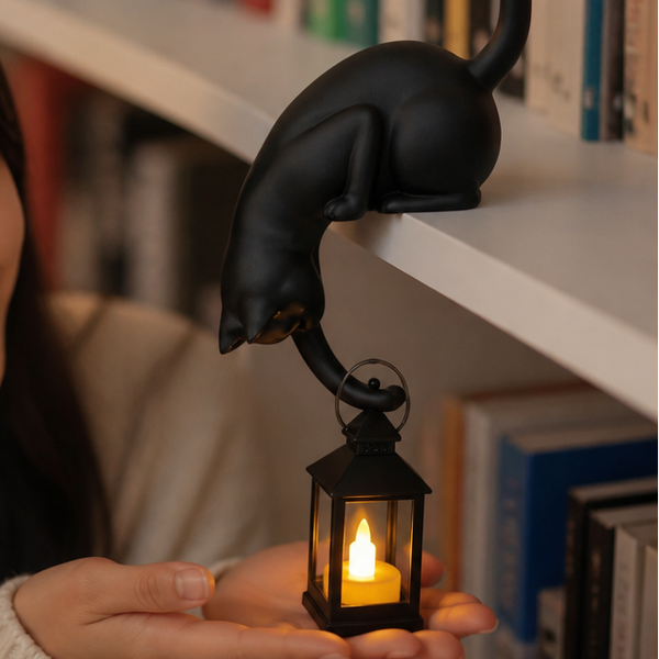 Cat Figurine Lantern, Warm Amber LED Shelf Edge Light for Bookshelves & Nightstands