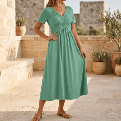 Crossover V-Neck Midi Dress with Pockets