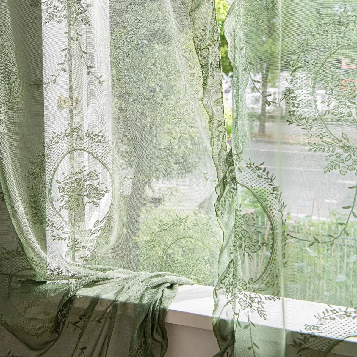 LACEVERA Vintage Green Lace Flower Curtains