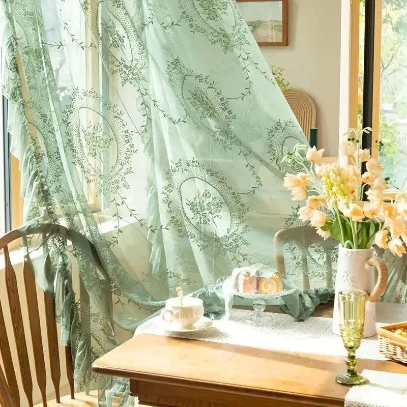 LACEVERA Vintage Green Lace Flower Curtains