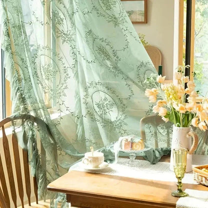 LACEVERA Vintage Green Lace Flower Curtains