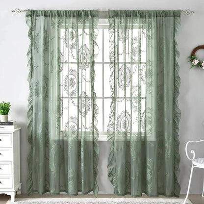 LACEVERA Vintage Green Lace Flower Curtains