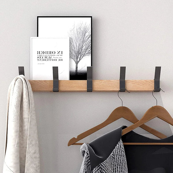 Wall Coat Rack, Wood & Aluminum Wall Mounted Hook Rail with 5 Movable Double Hooks for Entryway