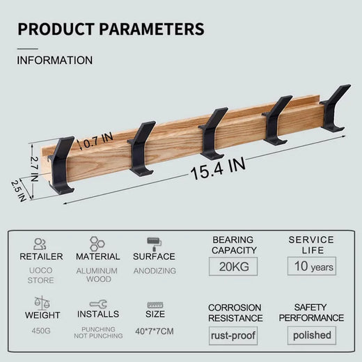 Wall Coat Rack, Wood & Aluminum Wall Mounted Hook Rail with 5 Movable Double Hooks for Entryway