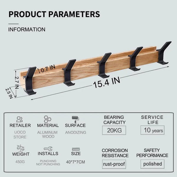 Wall Coat Rack, Wood & Aluminum Wall Mounted Hook Rail with 5 Movable Double Hooks for Entryway