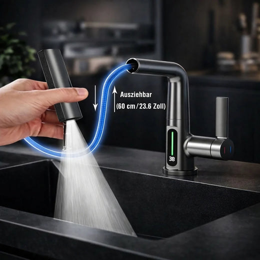 Pull Out Kitchen Faucet, 360 Degree Swivel Sink Faucet with 5 Spray Modes & LED Temperature Display