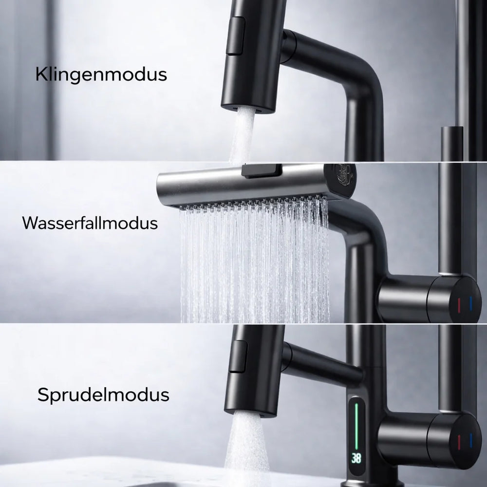Pull Out Kitchen Faucet, 360 Degree Swivel Sink Faucet with 5 Spray Modes & LED Temperature Display