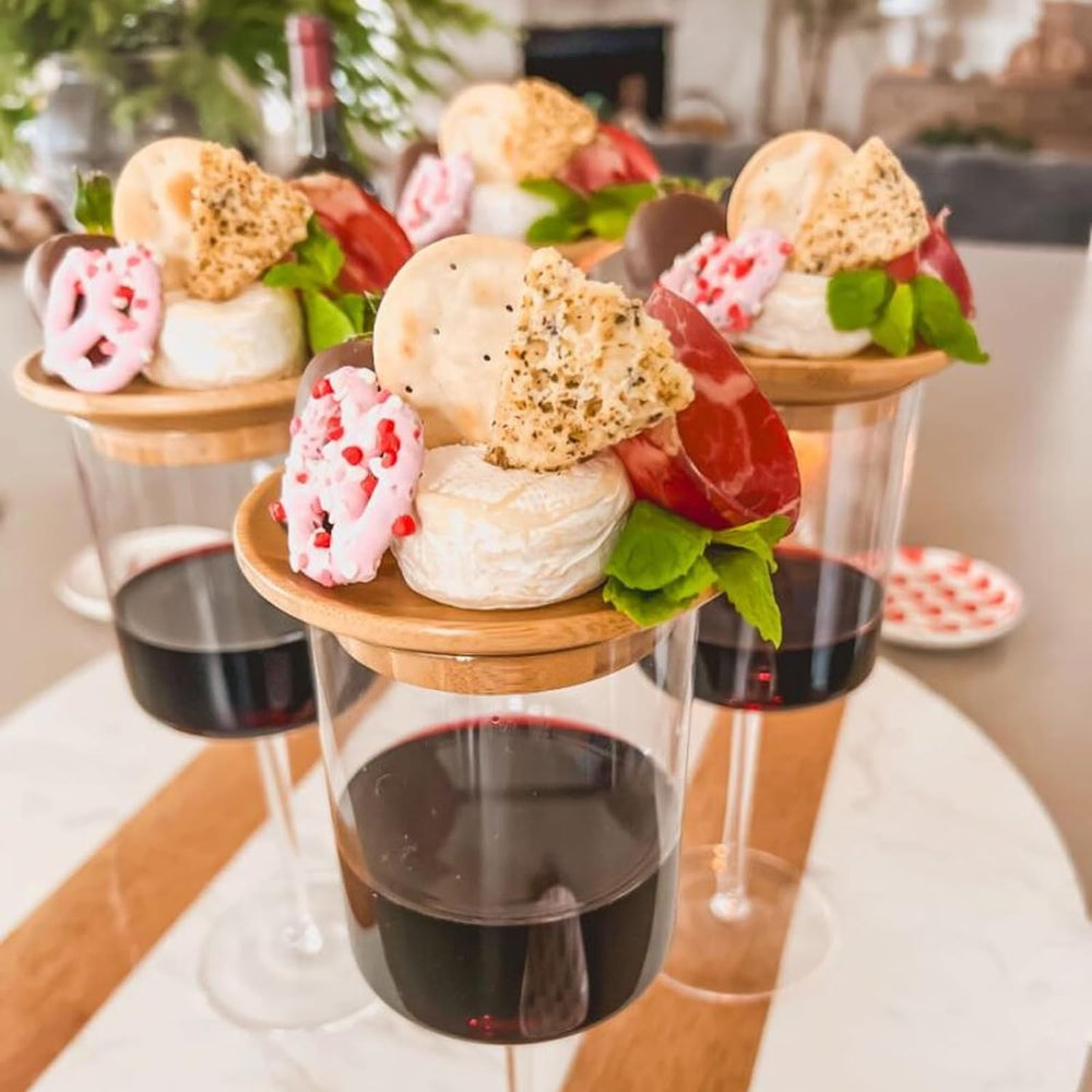 Wine Glass Topper, Set of 2 Bamboo Charcuterie Snack Toppers for Wine Nights & Dinner Parties