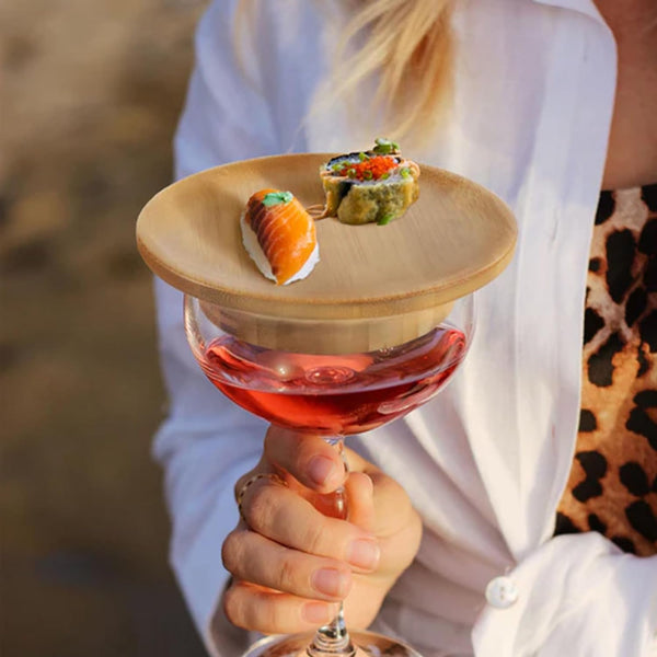 Wine Glass Topper, Set of 2 Bamboo Charcuterie Snack Toppers for Wine Nights & Dinner Parties