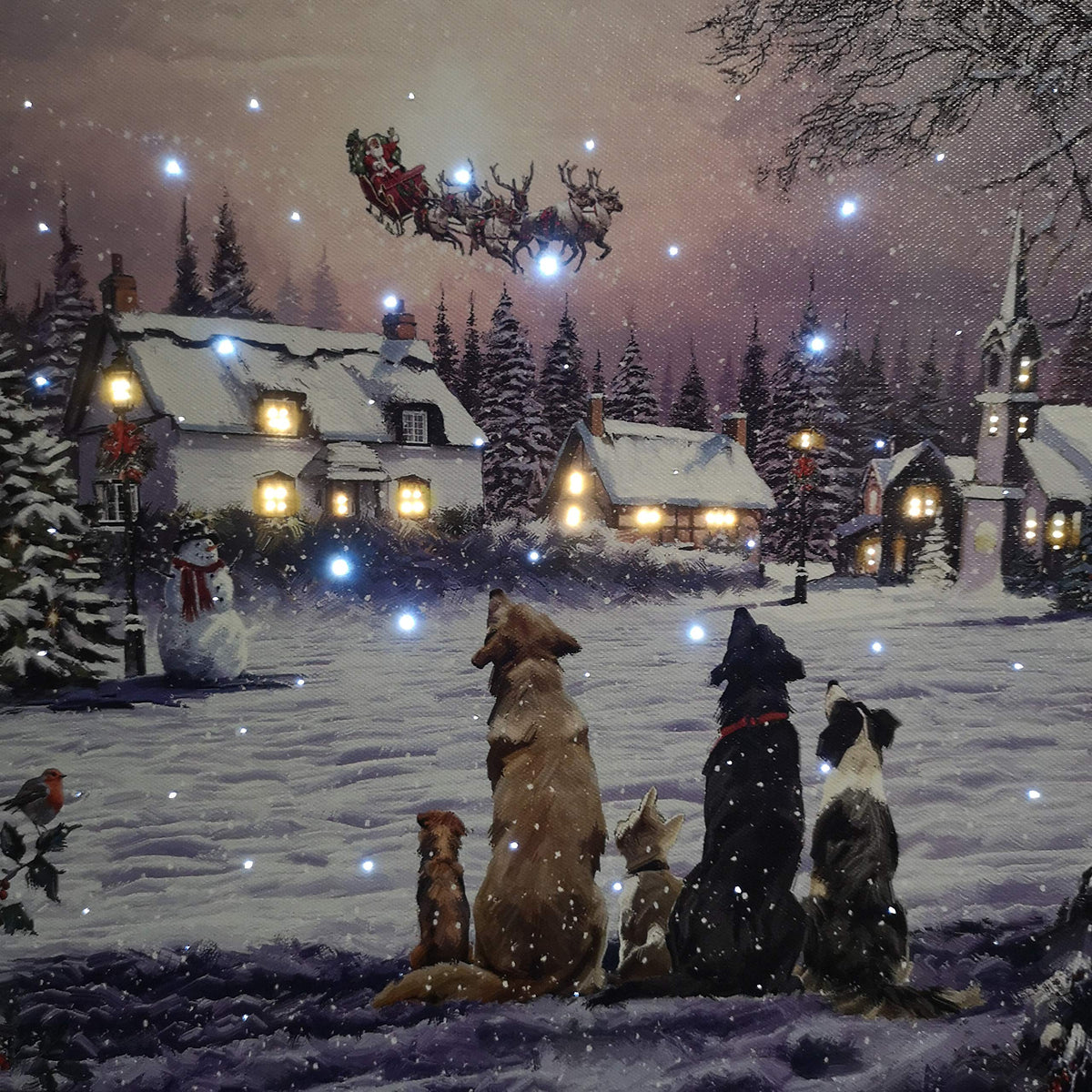 Christmas Canvas Wall Art, Light Up Fiber Optic Dogs Watching Santa Picture