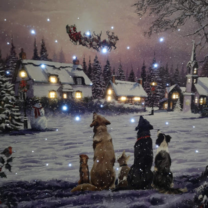 Christmas Canvas Wall Art, Light Up Fiber Optic Dogs Watching Santa Picture